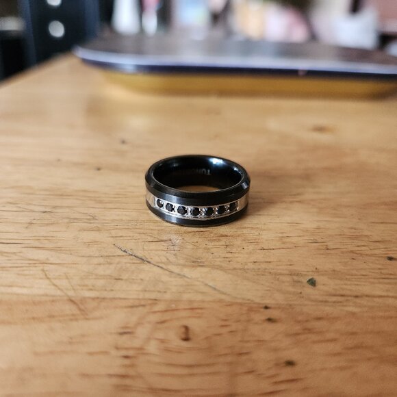 Mens Size 8 Tungsten Carbide Genuine Black Diamond Wedding Band - Picture 1 of 2